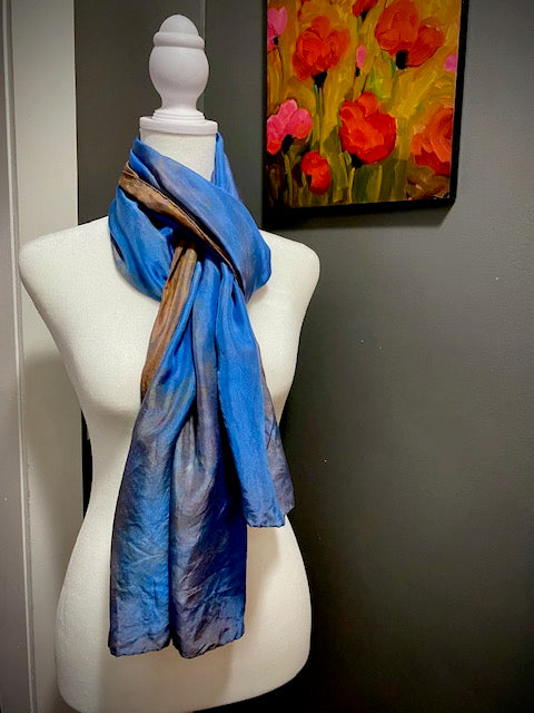 Hand Painted Hand Dyed Silk Habotai Scarf • Blues and Browns