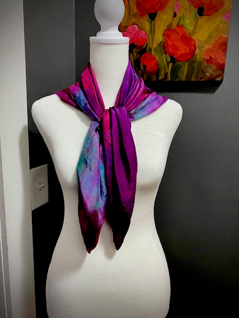 Hand Painted Hand Dyed Silk Habotai Scarf • Fuchsia Purple Blue
