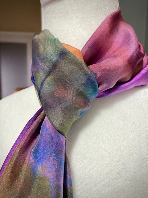 Hand Painted and Hand Dyed Silk Habotai Scarf • Blue Pink Green Purple