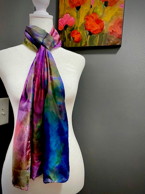 Hand Painted and Hand Dyed Silk Habotai Scarf • Blue Pink Green Purple