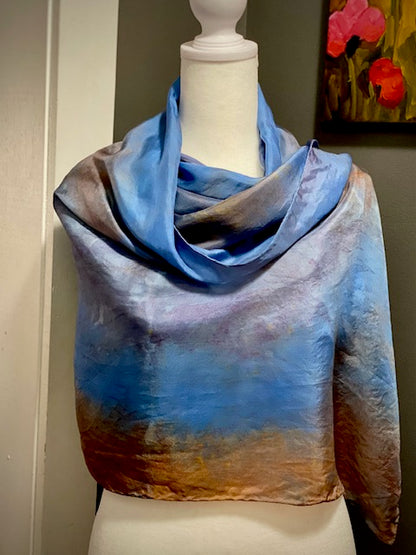 Hand Painted Hand Dyed Silk Habotai Scarf • Blues and Browns