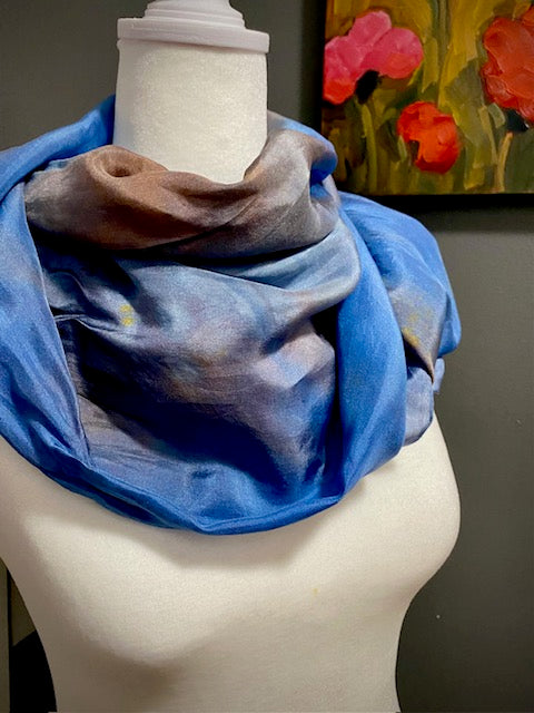 Hand Painted Hand Dyed Silk Habotai Scarf • Blues and Browns