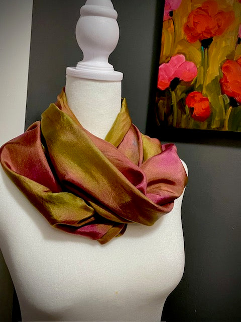 Hand Painted Hand Dyed Silk Habotai Scarf • Ochre and Burgundy