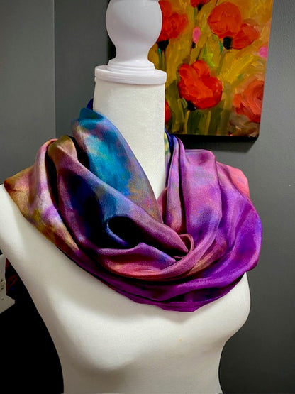 Hand Painted and Hand Dyed Silk Habotai Scarf • Blue Pink Green Purple