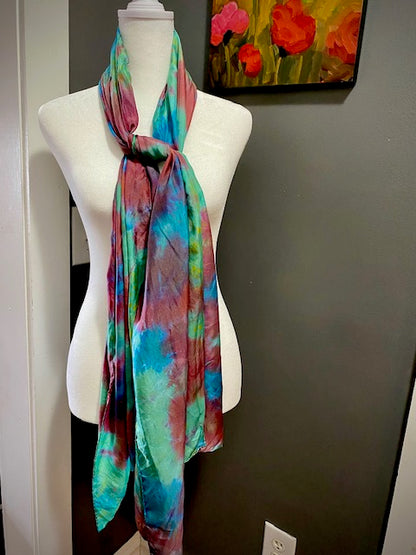 Hand Painted and Hand Dyed Silk Habotai Scarf • Green Burgundy Blue