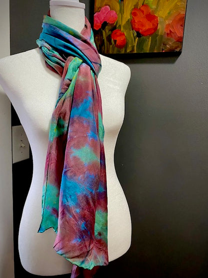 Hand Painted and Hand Dyed Silk Habotai Scarf • Green Burgundy Blue