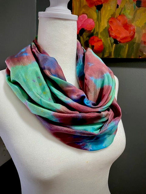 Hand Painted and Hand Dyed Silk Habotai Scarf • Green Burgundy Blue