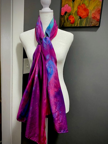 Hand Painted and Hand Dyed Silk Habotai Scarf • Blue Pink Green Purple