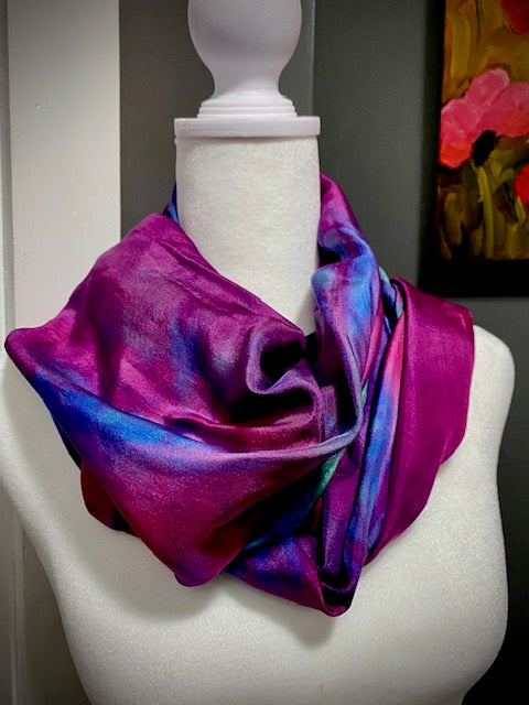 Hand Painted and Hand Dyed Silk Habotai Scarf • Blue Pink Green Purple