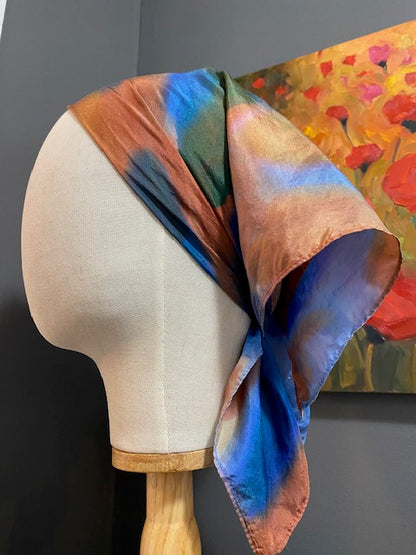 Hand Painted Hand Dyed Silk Scarf • Brown and Blue