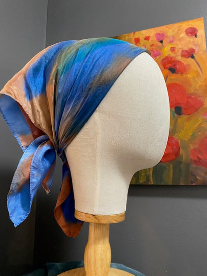 Hand Painted Hand Dyed Silk Scarf • Brown and Blue