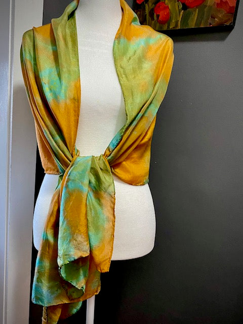 Hand Painted and Hand Dyed Silk Habotai Scarf • Gold Kiwi