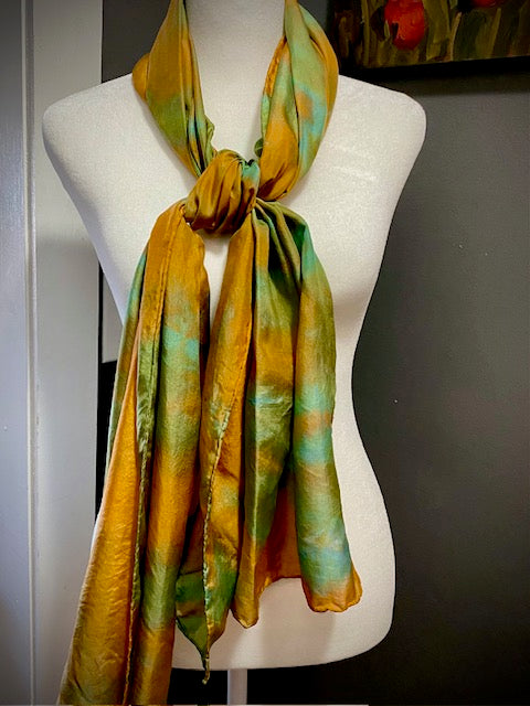 Hand Painted and Hand Dyed Silk Habotai Scarf • Gold Kiwi