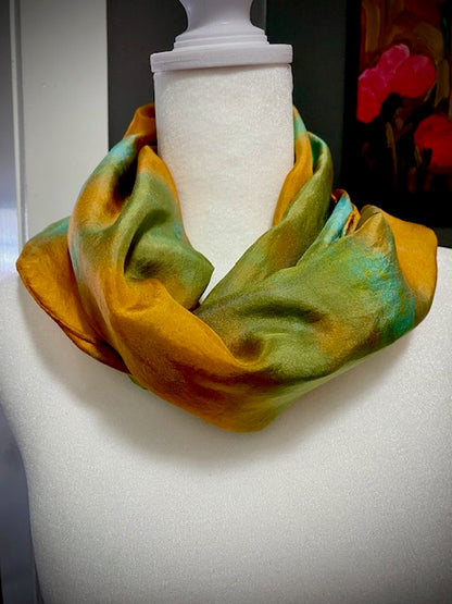 Hand Painted and Hand Dyed Silk Habotai Scarf • Gold Kiwi