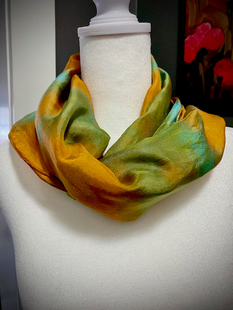 Hand Painted and Hand Dyed Silk Habotai Scarf • Gold Kiwi