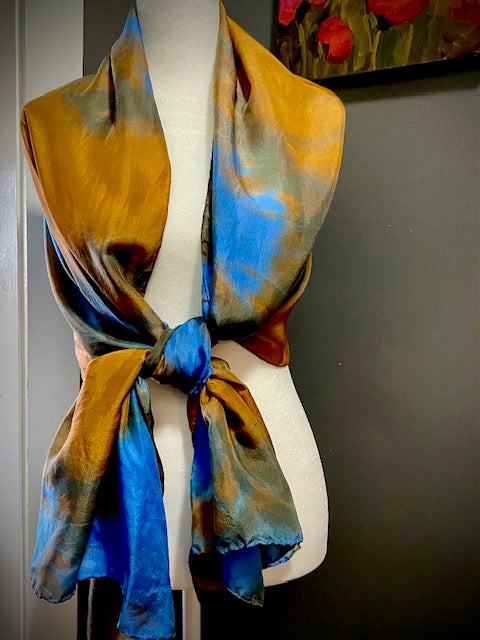 Hand Painted and Hand Dyed Silk Habotai Scarf • Blue Brown