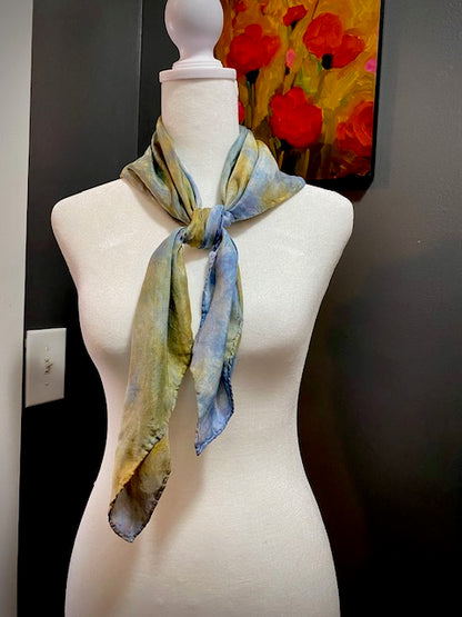 Hand Painted and Hand Dyed Silk Scarf • Blue Green