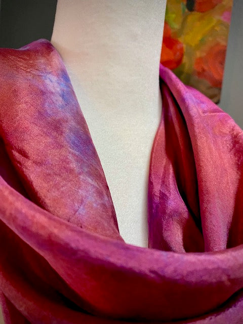 Hand Painted and Hand Dyed Silk Habotai Scarf • Pink Purple Apricot