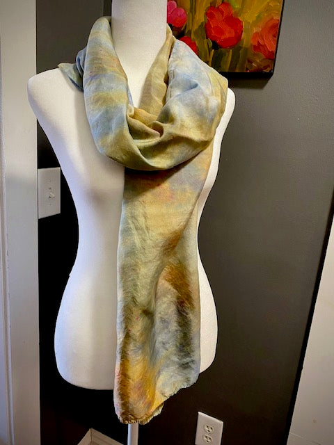 Hand Painted Hand Dyed Silk Habotai Scarf •  Blue and Gold