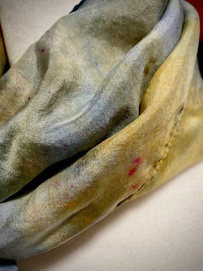 Hand Painted Hand Dyed Silk Scarf •  Blue and Gold