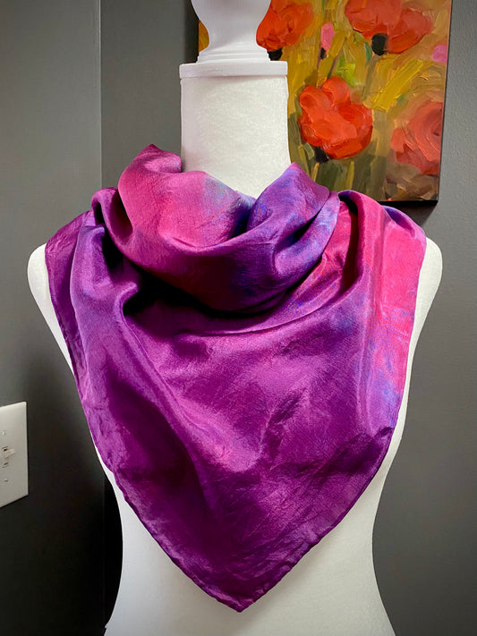 Hand Painted and Hand Dyed Silk Habotai Scarf • Pink Blue Green