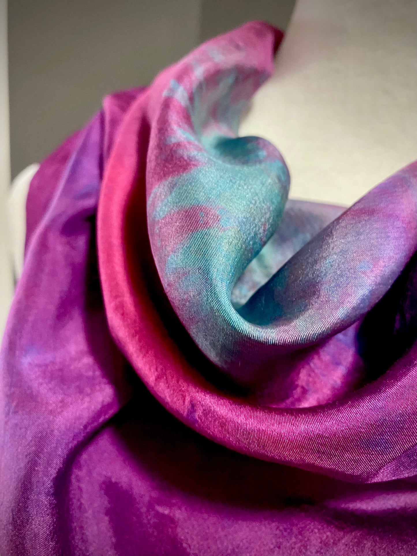 Hand Painted and Hand Dyed Silk Habotai Scarf • Pink Blue Green