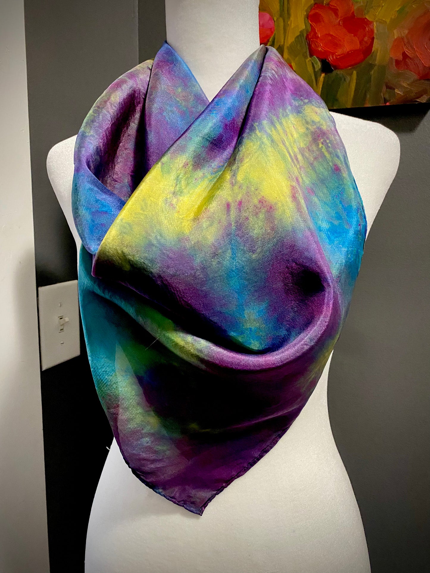 Hand Painted and Hand Dyed Silk Habotai Scarf • Purple Blue Yellow Green
