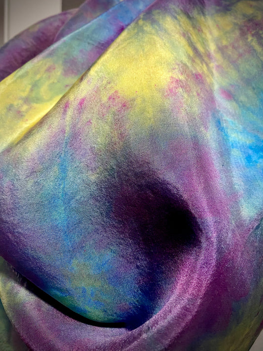 Hand Painted and Hand Dyed Silk Habotai Scarf • Purple Blue Yellow Green