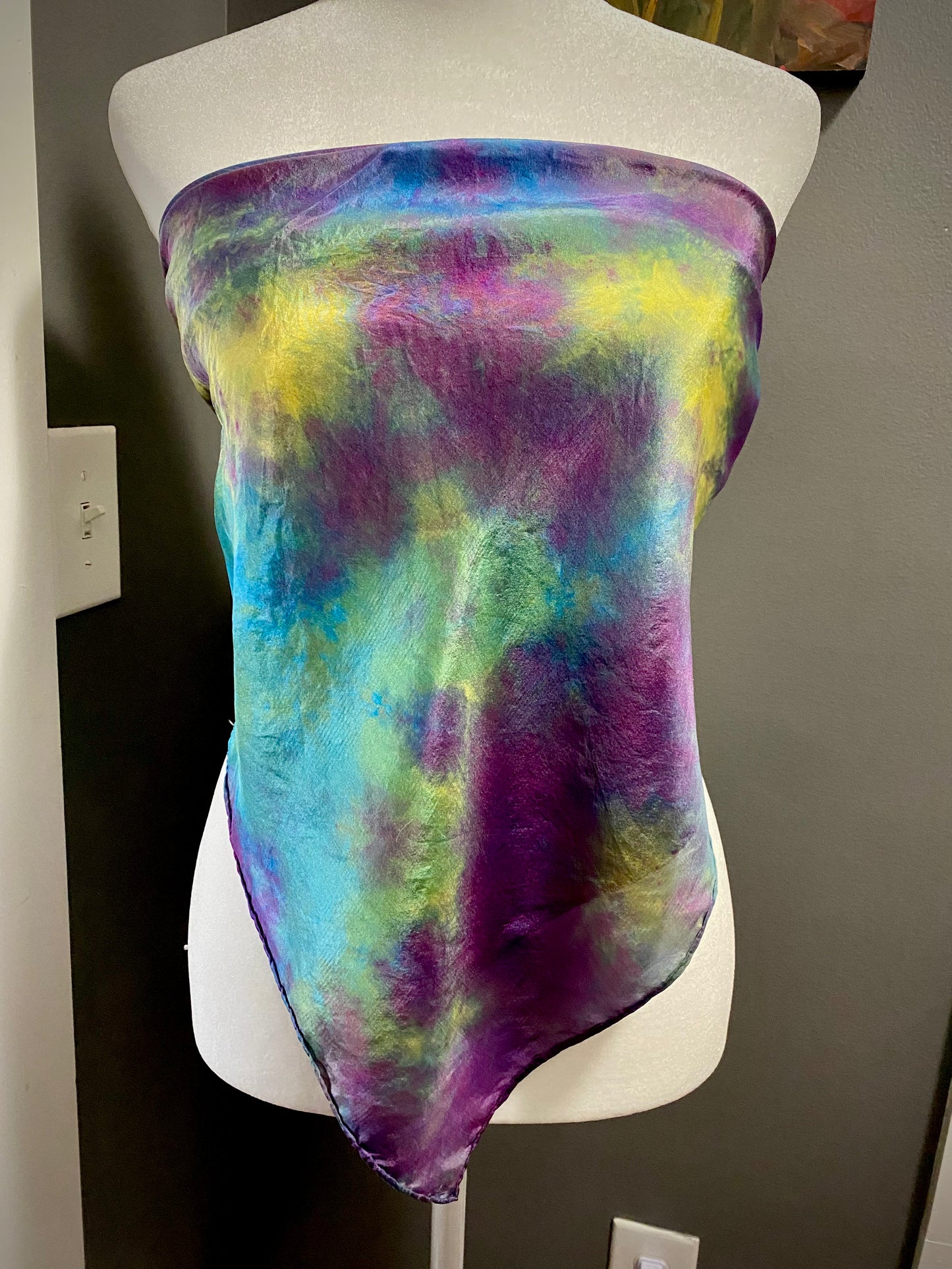 Hand Painted and Hand Dyed Silk Habotai Scarf • Purple Blue Yellow Green