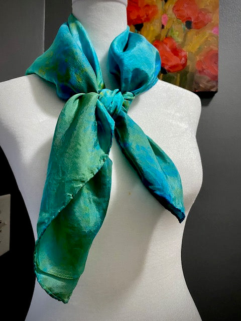 Hand Painted and Hand Dyed Silk Habotai Scarf • Blue Yellow Green