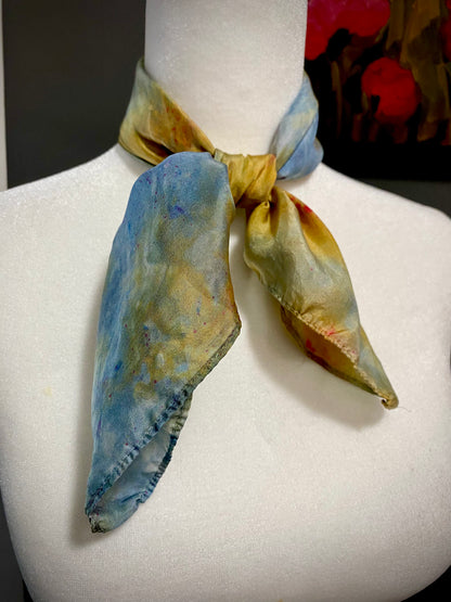 Hand Painted and Hand Dyed Silk Habotai Scarf • Blue Gold