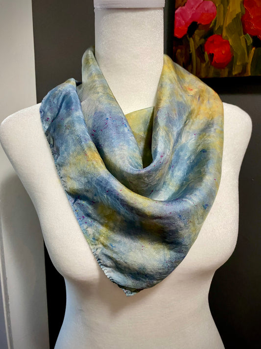 Hand Painted and Hand Dyed Silk Habotai Scarf • Blue Gold
