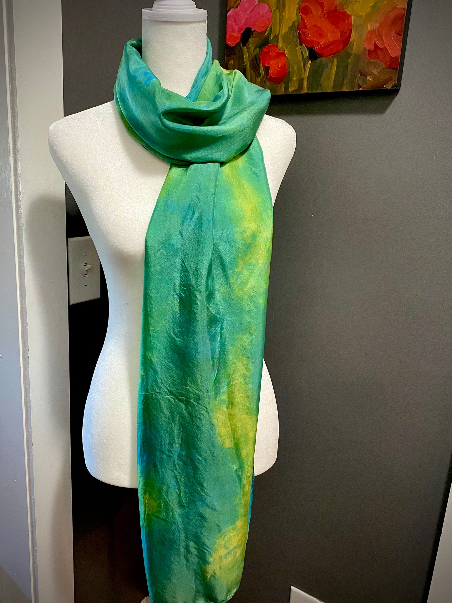 Hand Painted and Hand Dyed Silk Habotai Scarf • Chartreuse Teal