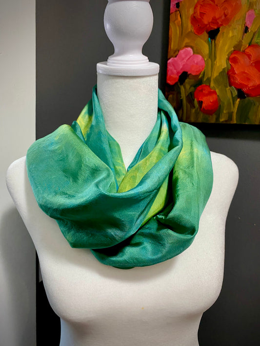 Hand Painted and Hand Dyed Silk Habotai Scarf • Chartreuse Teal