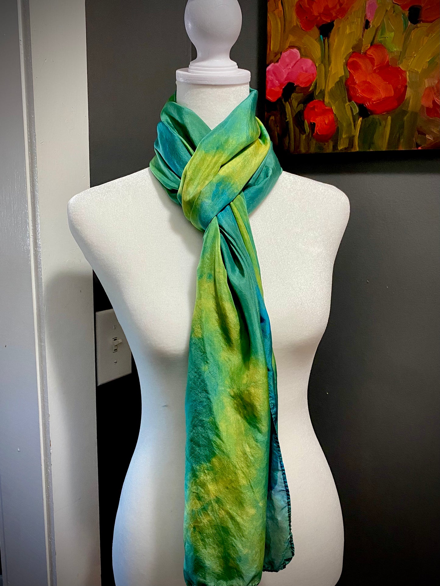 Hand Painted and Hand Dyed Silk Habotai Scarf • Chartreuse Teal