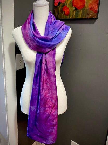 Hand Painted and Hand Dyed Silk Habotai Scarf • Purple Pink